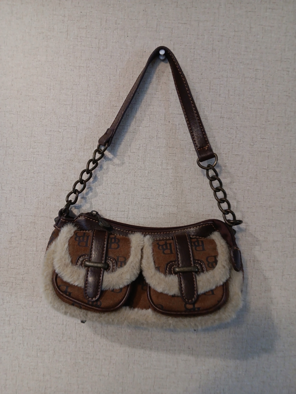 Y2k Brentano Faux Shearling Accent Brown Shoulder Bag Made In Italy